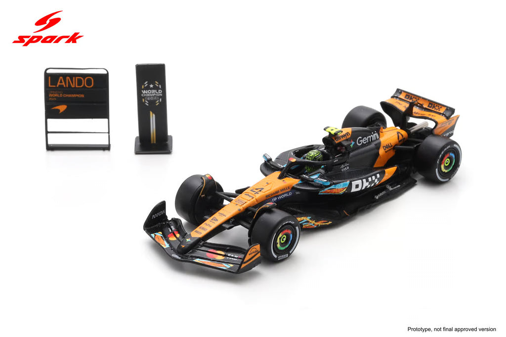 McLaren MCL39 No.4 3rd Abu Dhabi GP 2025 Lando Norris F1 Drivers' World Champion 2025 with pit board